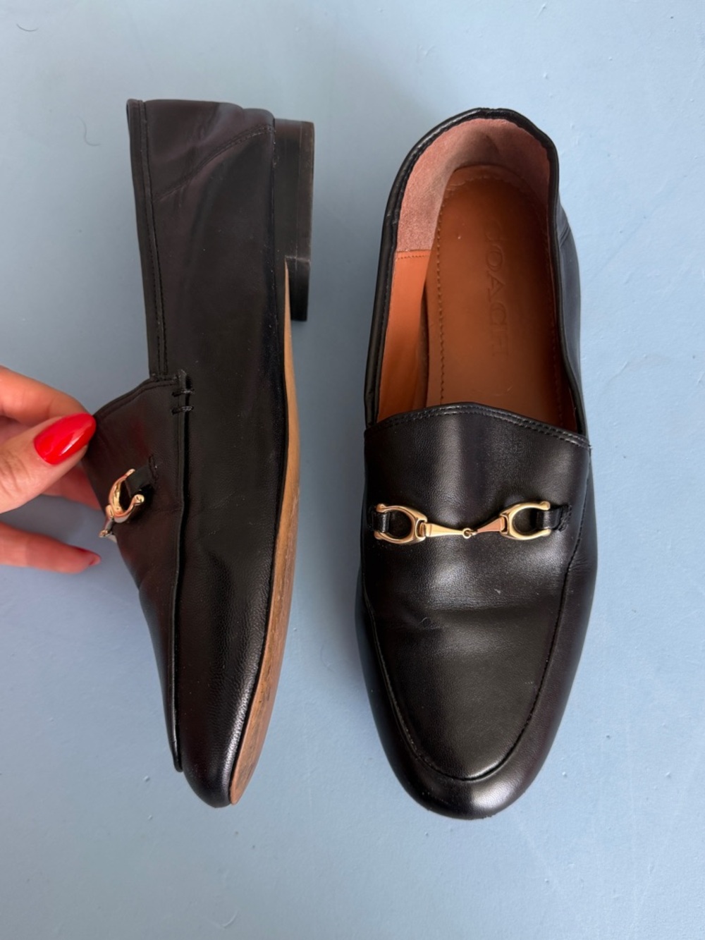Coach Haley Leather Black Horsebit Loafers with Gold Hardware
